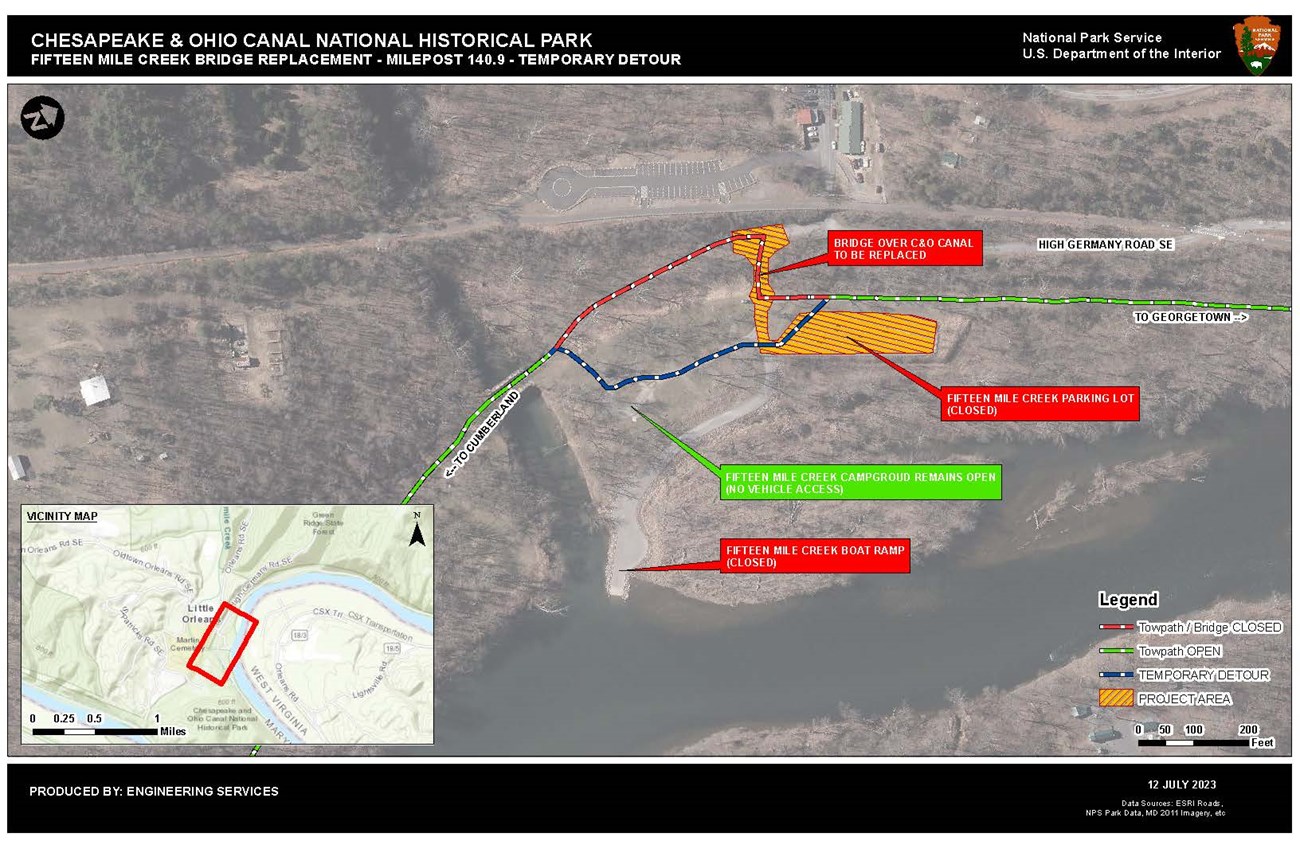 An aerial map of a detour around the bridge closure.