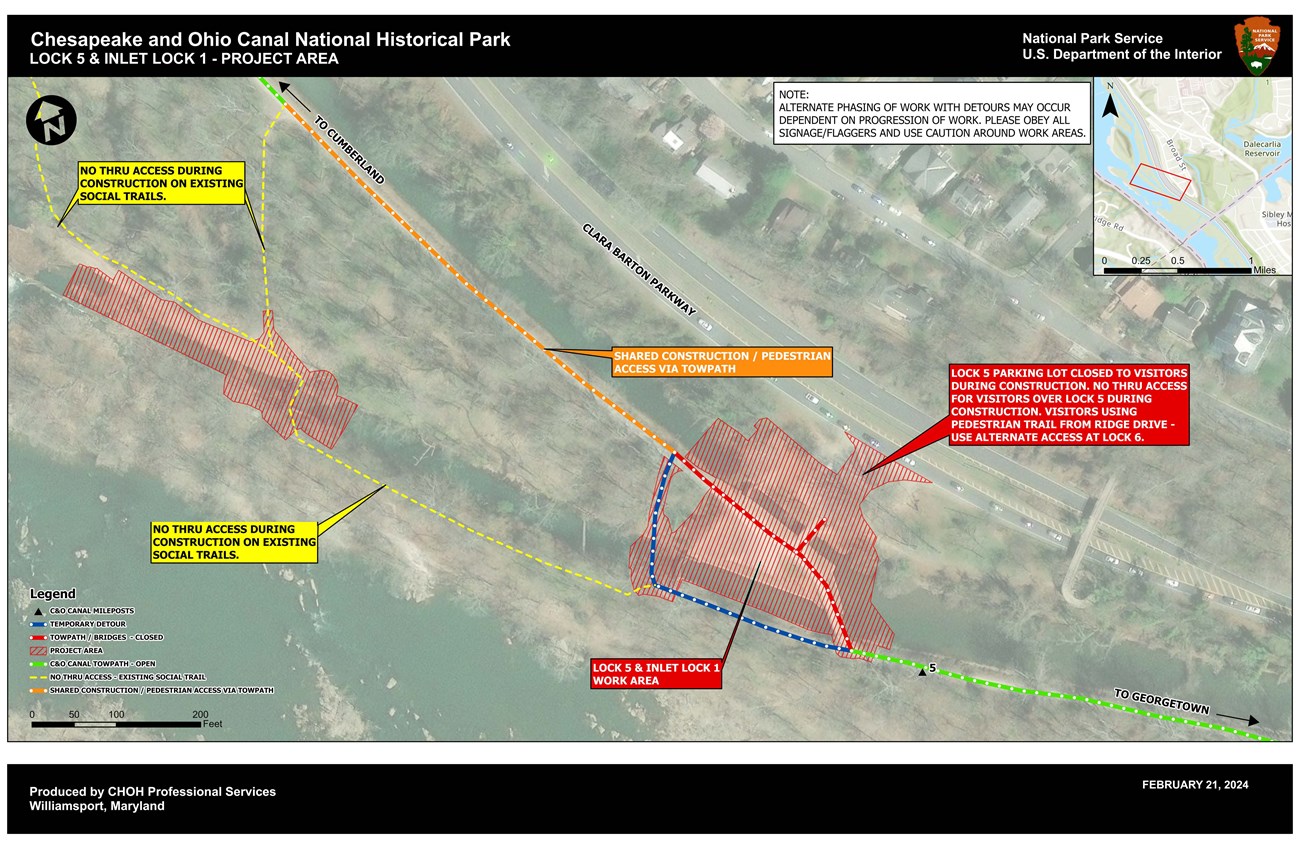 Map of project area showing closure of towpath at Lock 5 and a detour route.