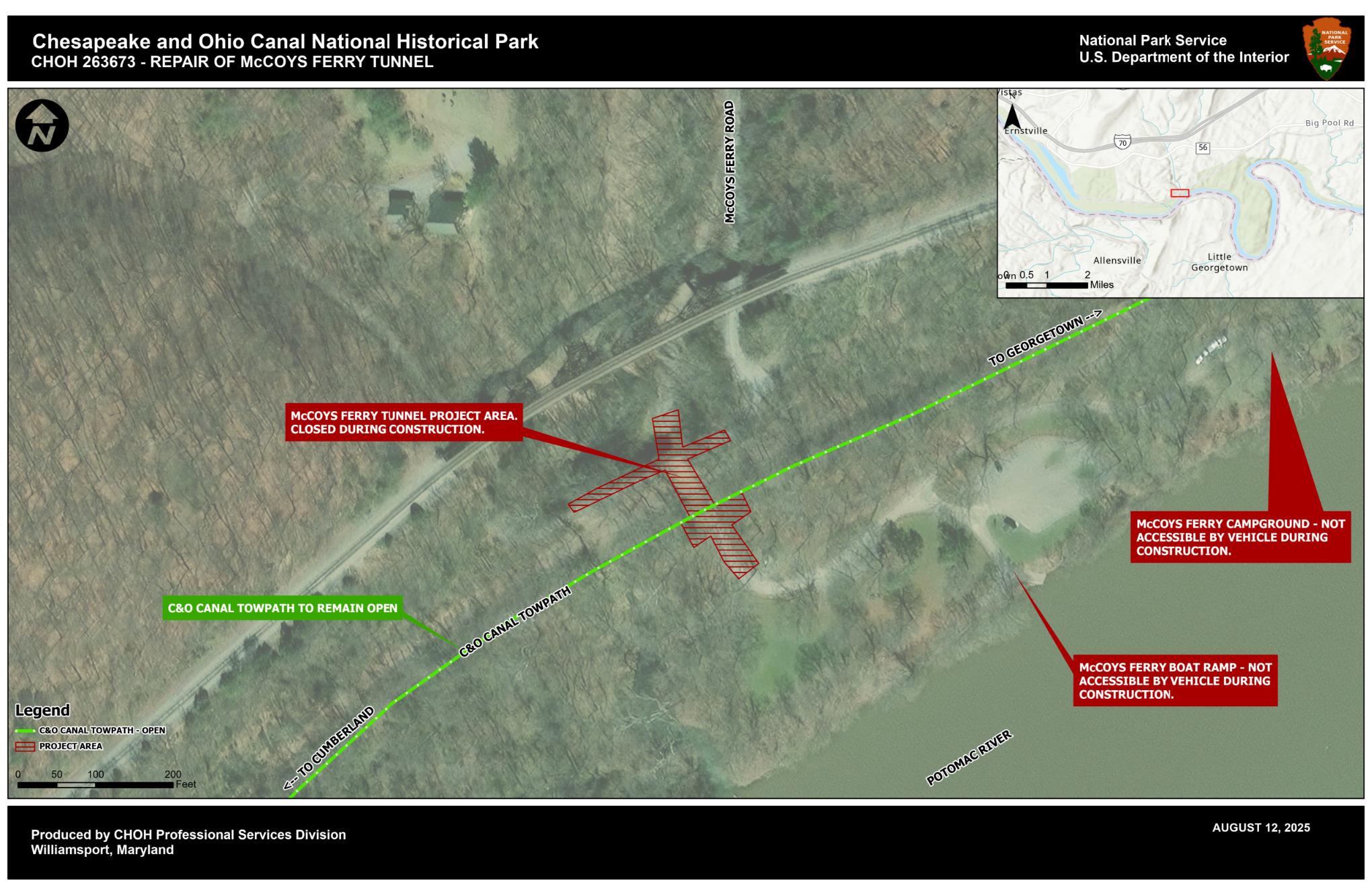 An aerial map view of the project area at McCoys Ferry Tunnel
