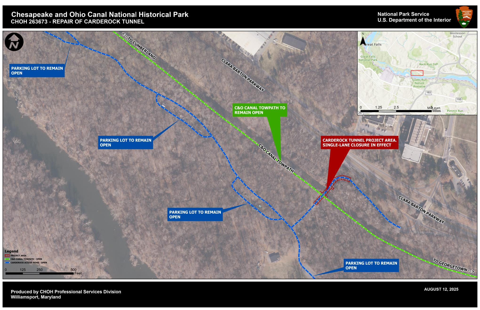 An aerial view map of the project area at the Carderock Tunnel