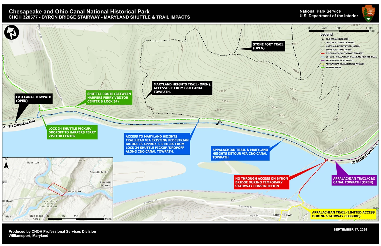 Byron Bridge Stairway - Maryland Shuttle and Trail Impacts An aerial view map showing project impacts to the trail systems