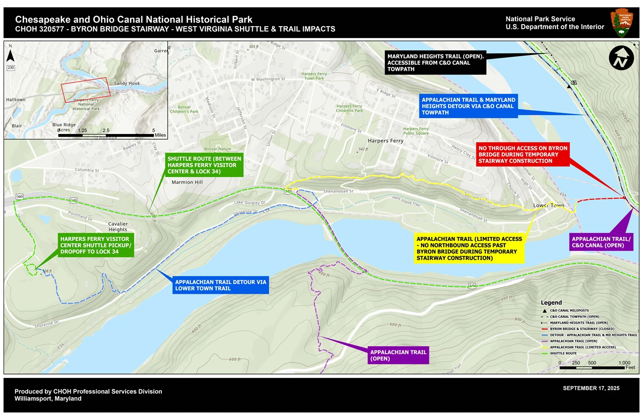 Byron Bridge Stairway - West Virginia Shuttle and Trail Impacts An aerial view map showing project impacts to the trail systems