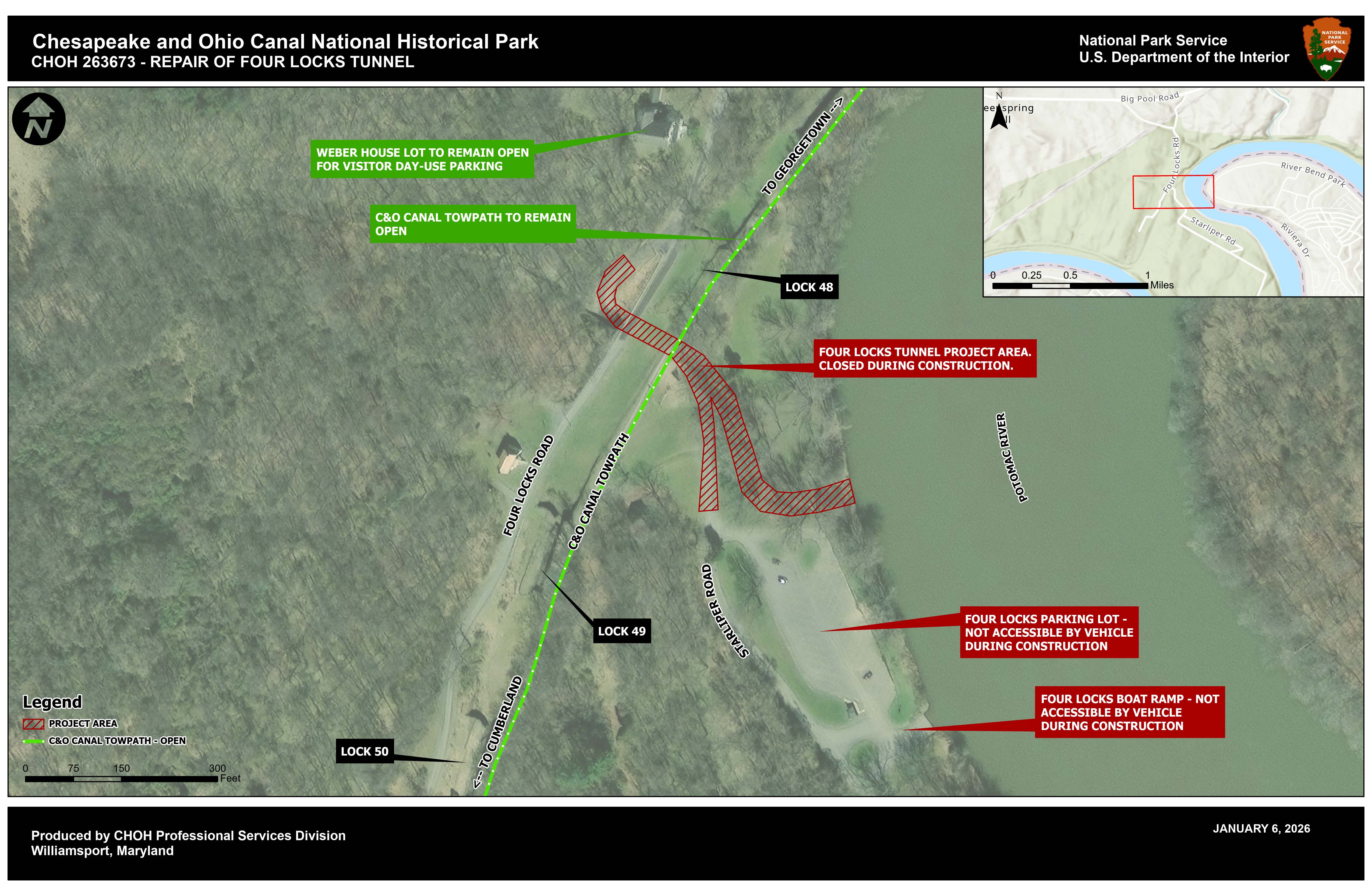 An aerial view map of the project area at the Four Locks Tunnel