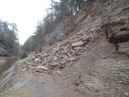 Rockslide near Paw Paw Tunnel in January 2013. A rockslide covers the towpath near Paw Paw Tunnel.
