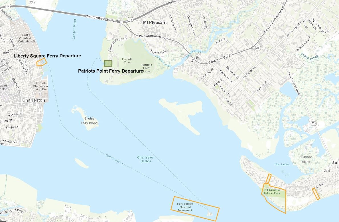 A Charleston area road map depicting the properties managed by Fort Sumter and Fort Moultrie National Historical Park. Particular attention is placed on identifying Fort Sumter ferry departure points at Liberty Square and Patriots Point.