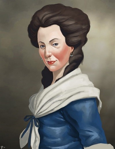 Artistic render of Eliza Lucas Pinckney. Woman with brown hair wearing blue dress.
