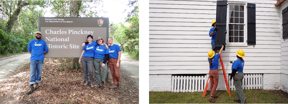 Left Photo: Work crew at park. Right Photo: Work crew replacing rehabilitated shutter.