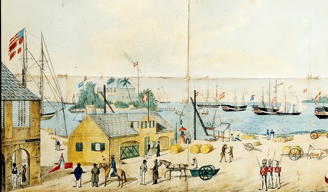 The Port and Shipyard of Christiansted, ca. 1800. Painting of the wharf and port of Christiansted in year 1800.