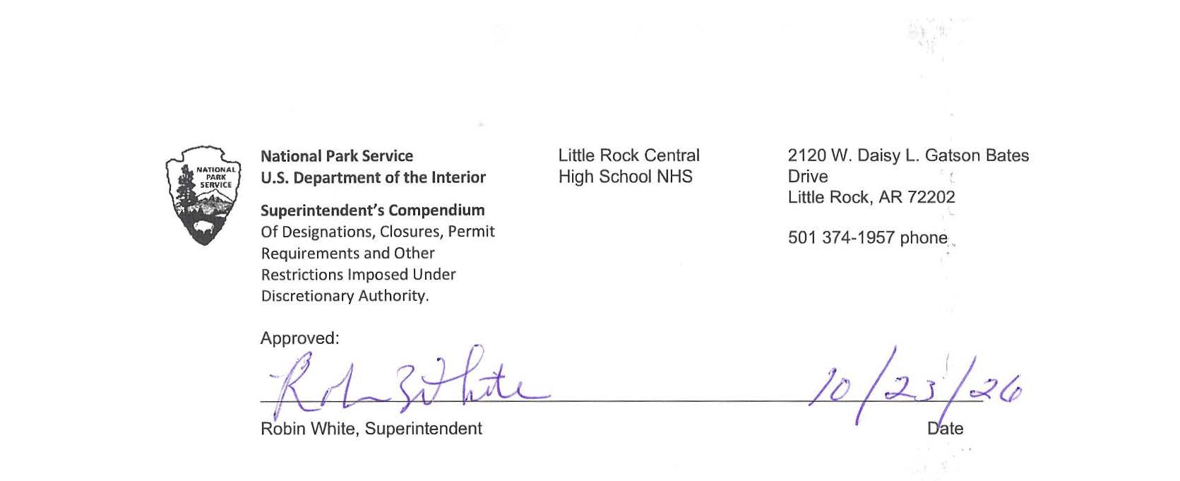 A scanned National Park Service Superintendent’s Compendium approval page for Little Rock Central High School National Historic Site. The page displays the National Park Service arrowhead logo and identifies the U.S. Department of the Interior.