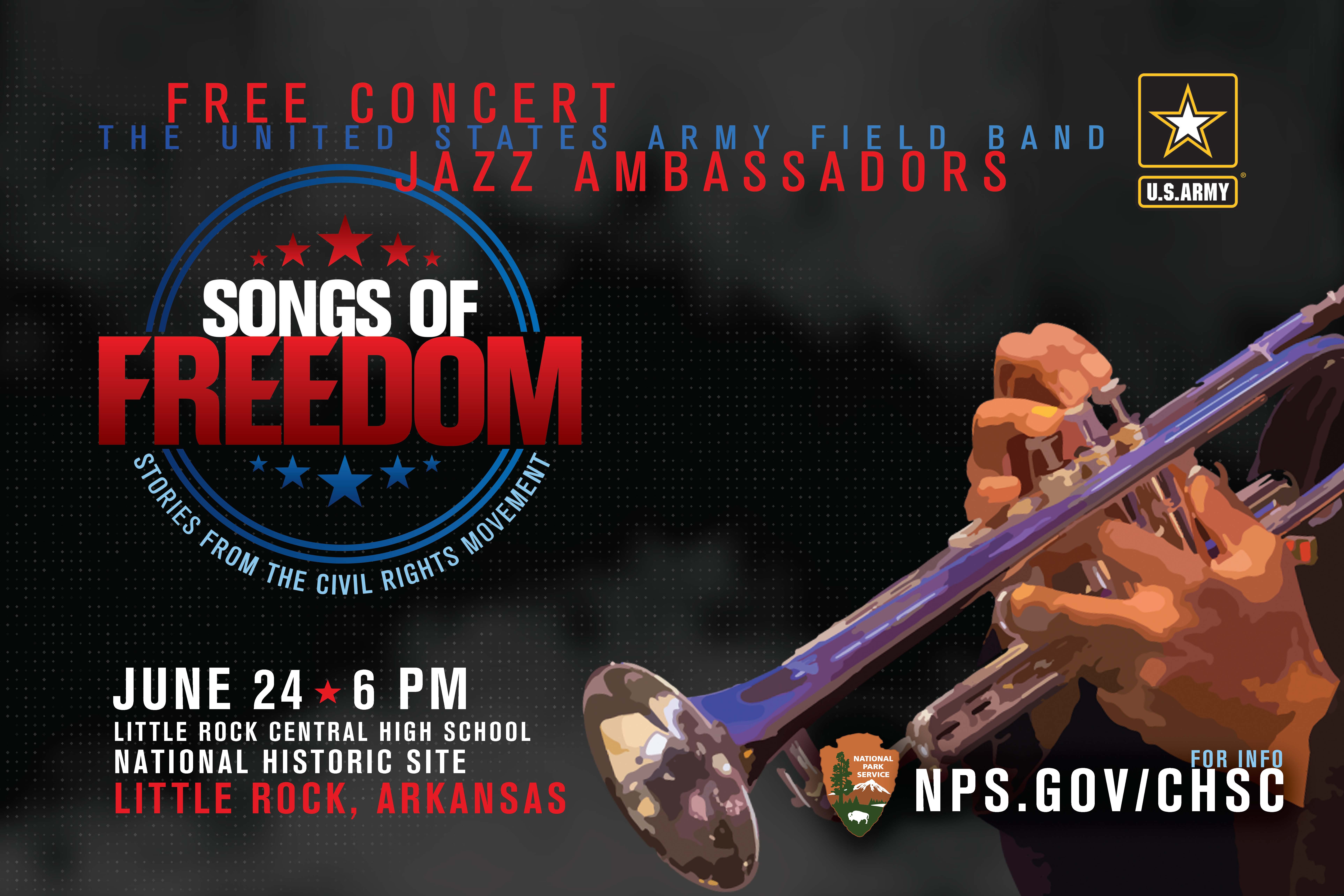 Known as America’s Big Band, the Jazz Ambassadors are the premier touring jazz orchestra of the United States Army. An advertisement for the Jazz Ambassadors performance in Little Rock - June 24 at 6 pm at Little Rock Central High School NHS