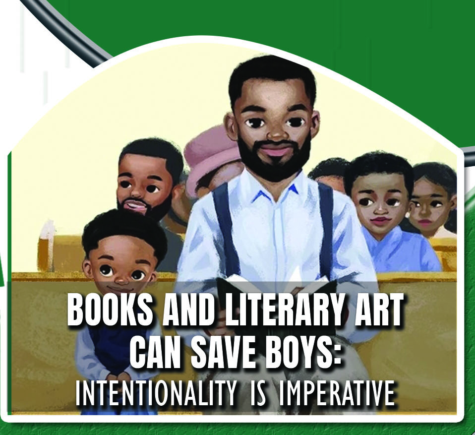 A young African American boy stands next to an African American man holding an open book; behind them, a group of people sit in pews.