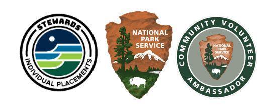 Three logos (left to right): Stewardship Individual Placement, National Park Service and Community Volunteer Ambassador Three logos (left to right): Stewardship Individual Placement, National Park Service and Community Volunteer Ambassador