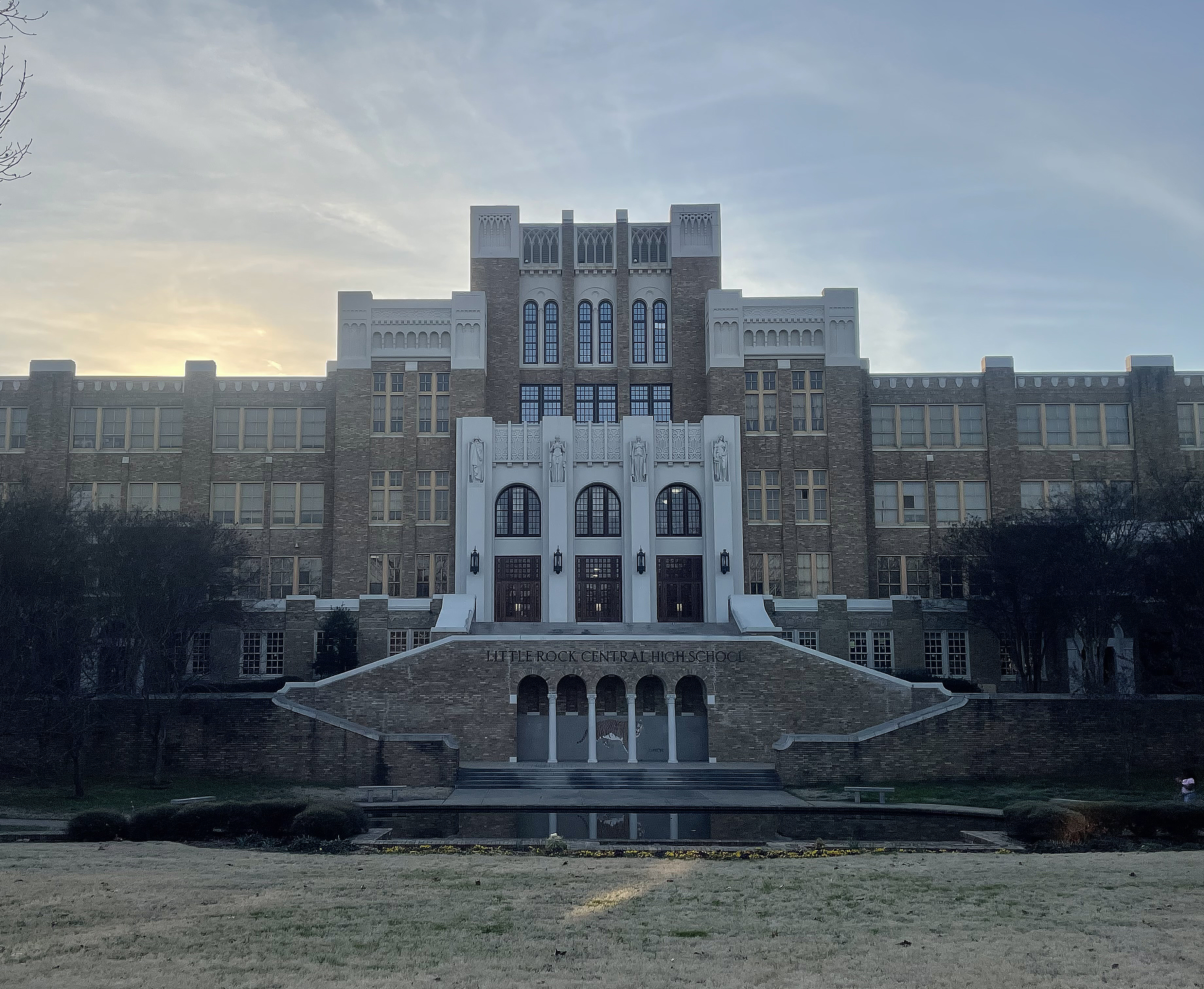 The front façade of Central High School at dusk