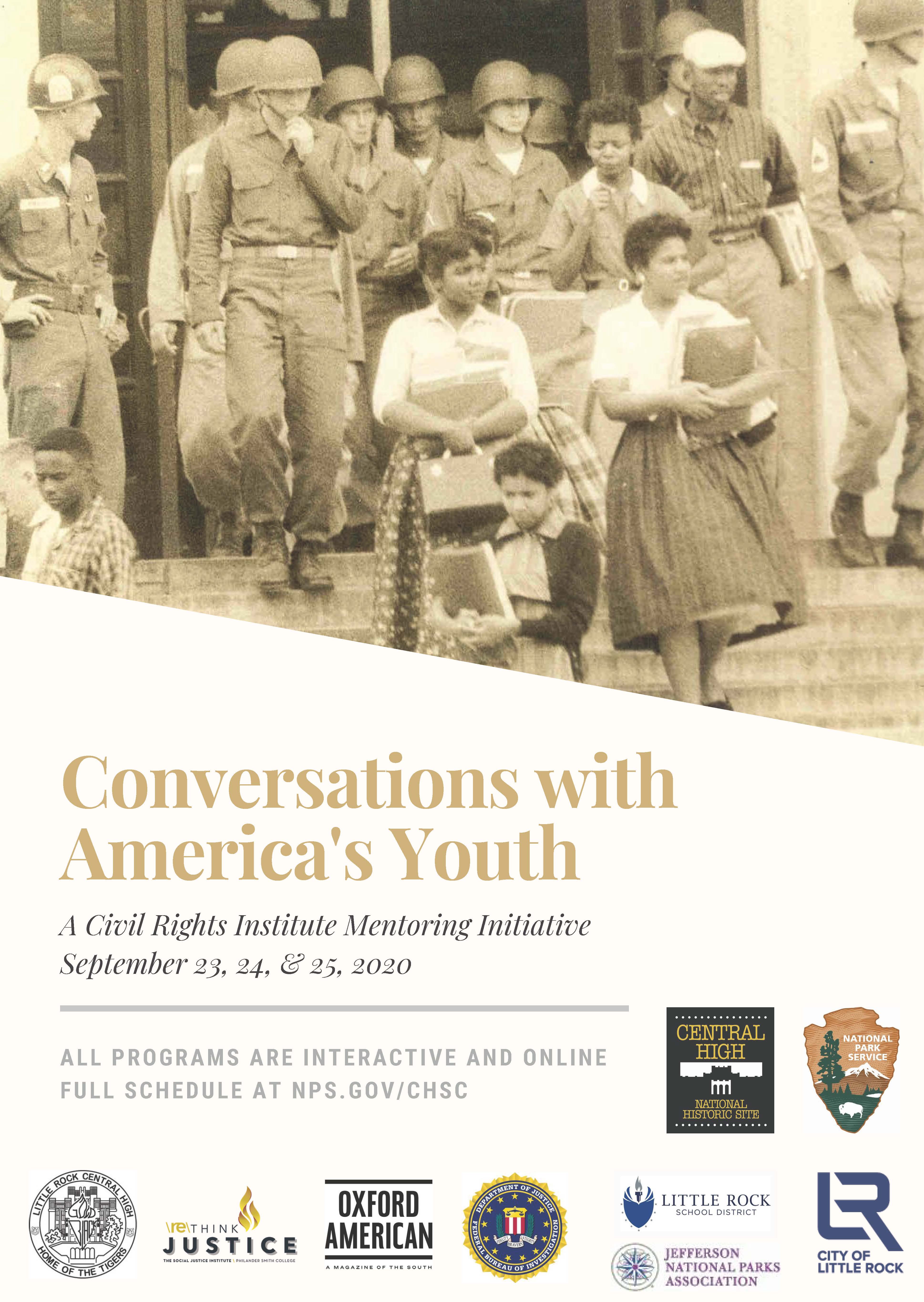 63rd anniversary of desegregation Little Rock Central High School web flyer Program flyer with partner logos and a photo of several members of the Little Rock Nine leaving Central High School