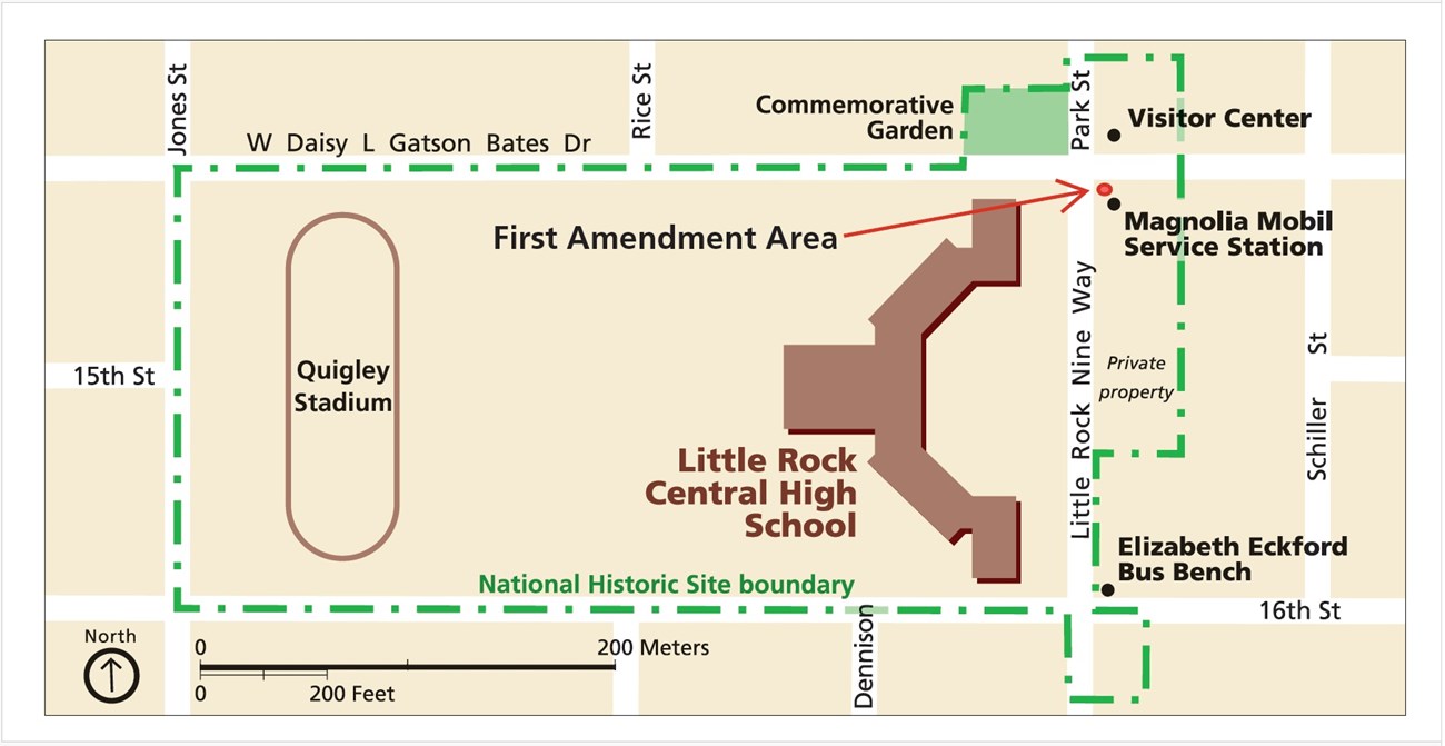 A map of Little Rock Central High School National Historic Site showing the designated First Amendment Area near the school grounds.