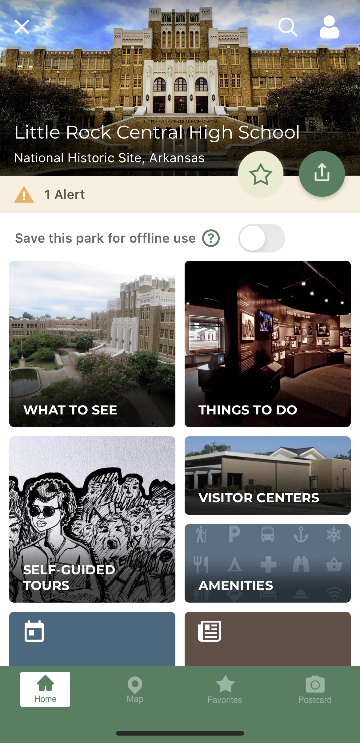 The front page of Central High School NHS on the NPS Mobile App; features include "What to See," "Things to Do," "Self-Guided Tours," "Visitor Centers," and "Amenities"