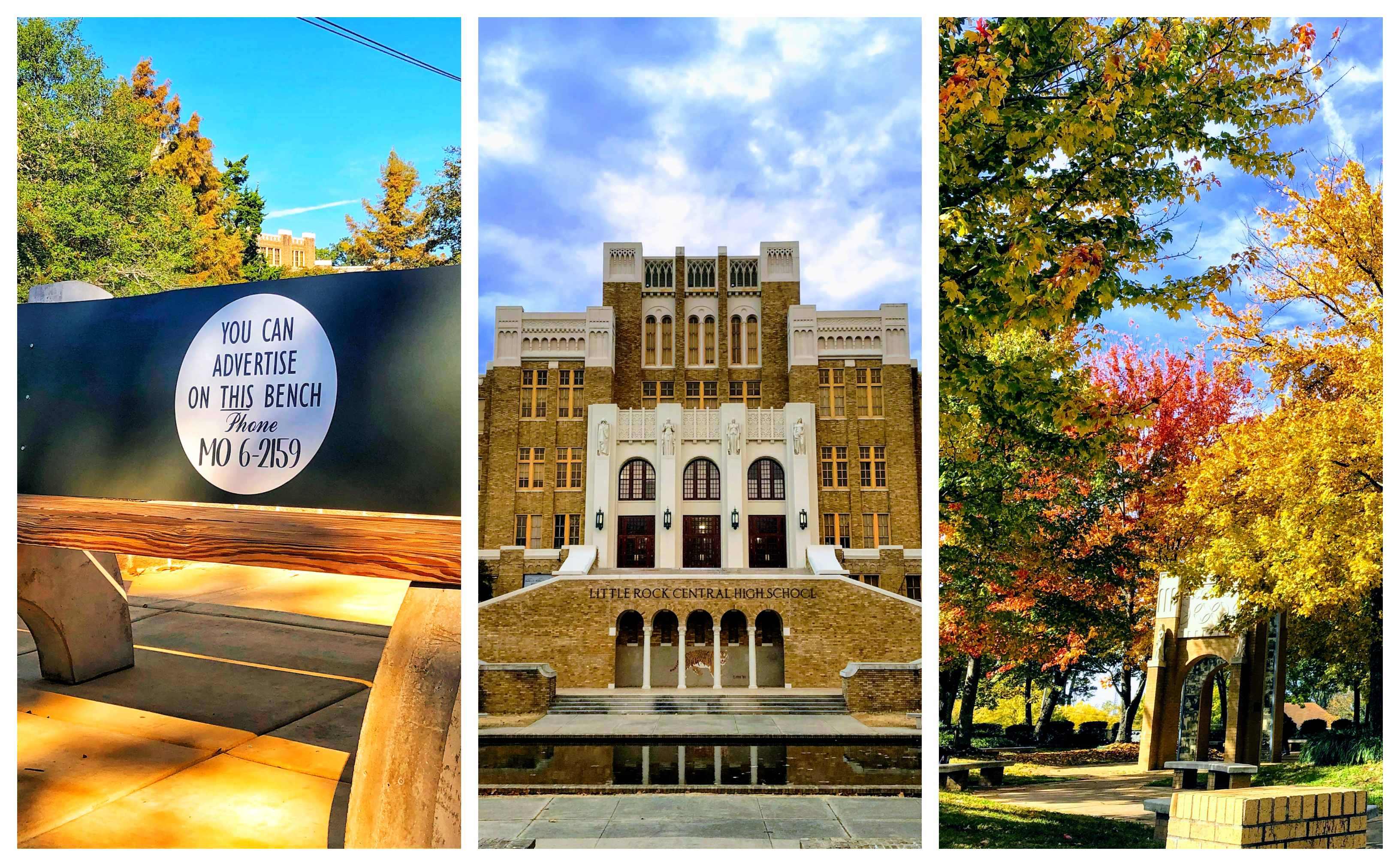 Photo of the Elizabeth Eckford bus bench, Central High School façade and the Commemorative Garden.