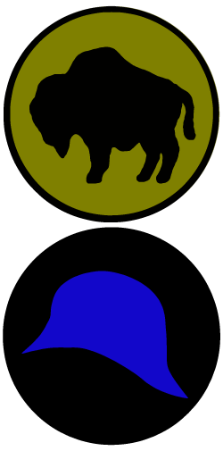 92nd & 93rd Division Patches An image of a buffalo inside of a circular design and a blue helmet inside a black circle