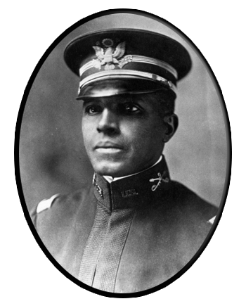 Charles Young Portrait An oval portrait frame showing a man wearing a hat and uniform