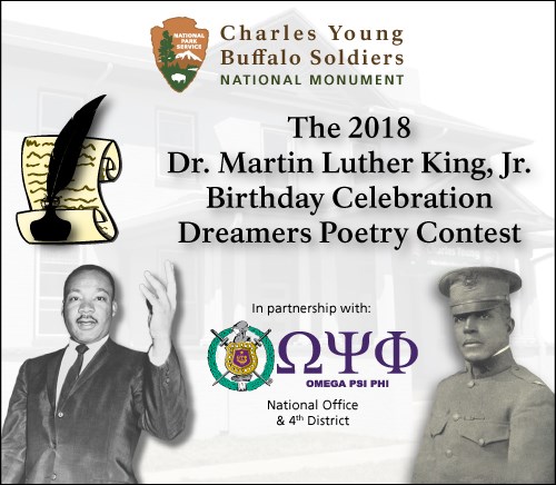 Poetry Contest Poster Images of Dr. King and Col. Young with logos in between and quill pens in the background