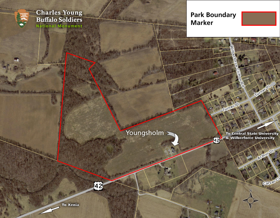 Aerial view of local area showing park boundary in red