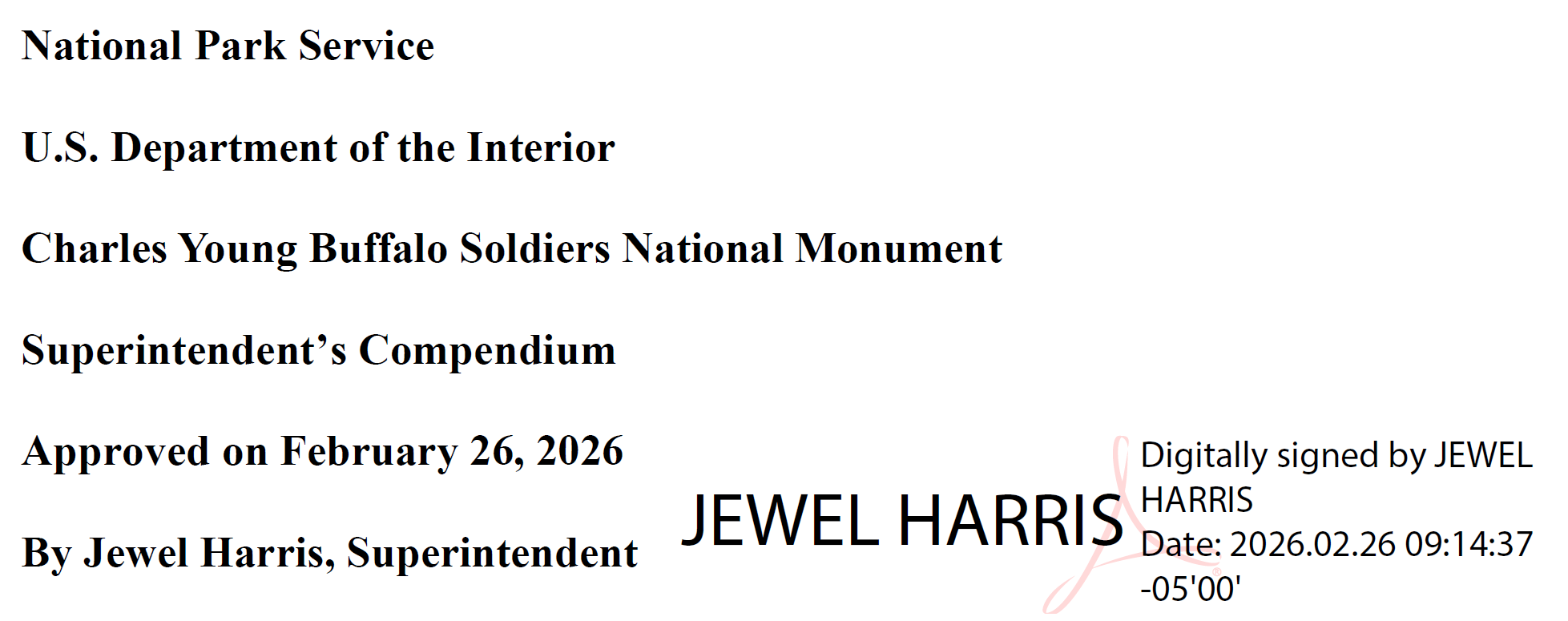 Header of the compendium featuring the signature of Superintendent Jewel Harris.
