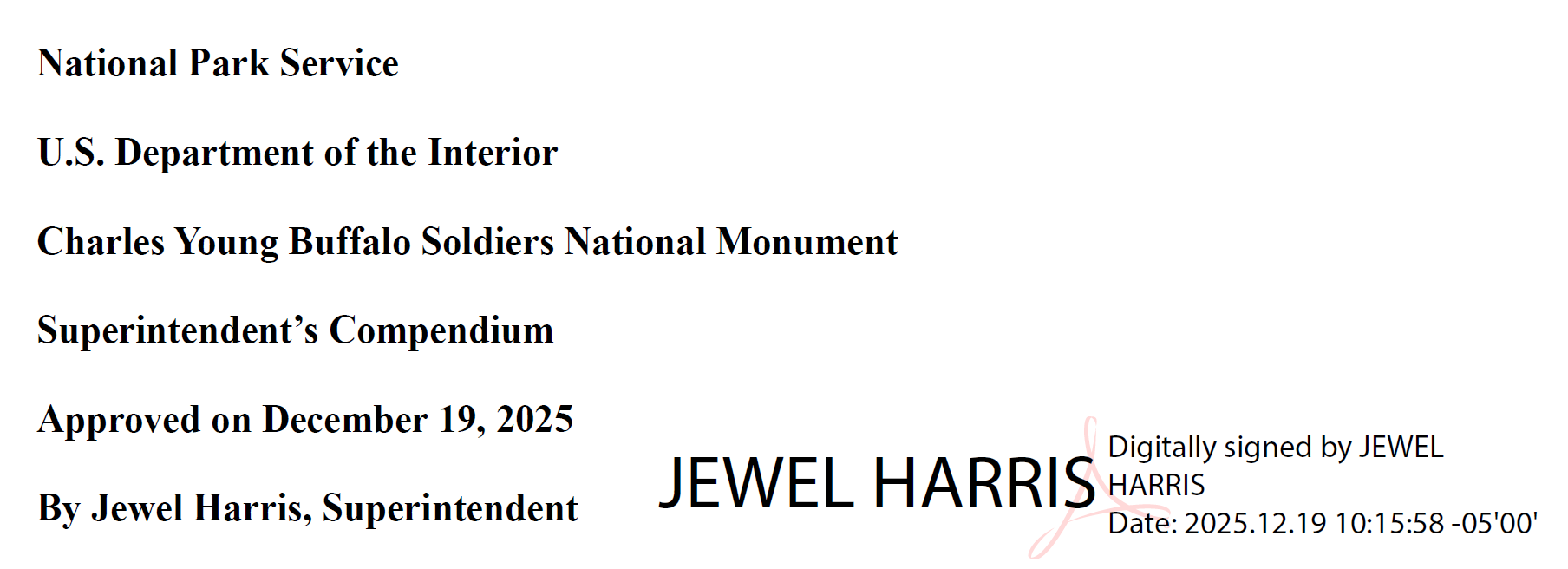 Header of the compendium featuring the signature of Superintendent Jewel Harris.