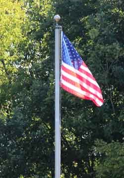 A U.S. flag waving on a flagpole in front of trees