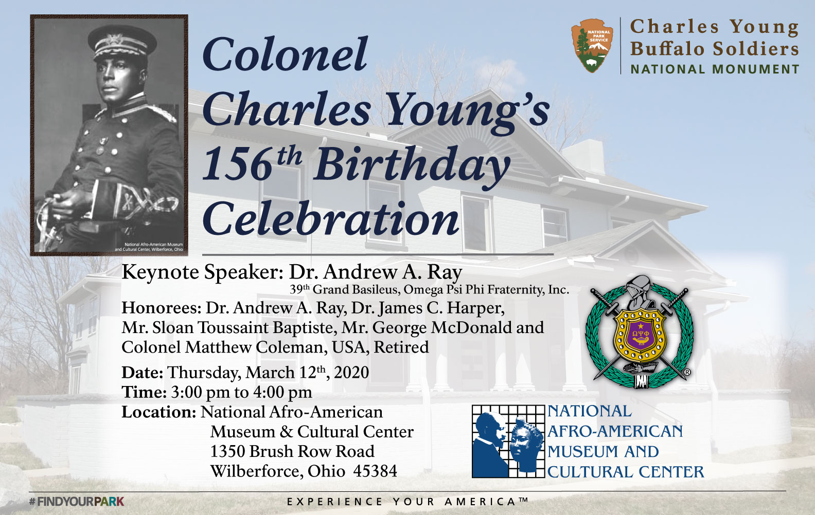 Portrait of African American soldier with photo of house in background and event info in foreground