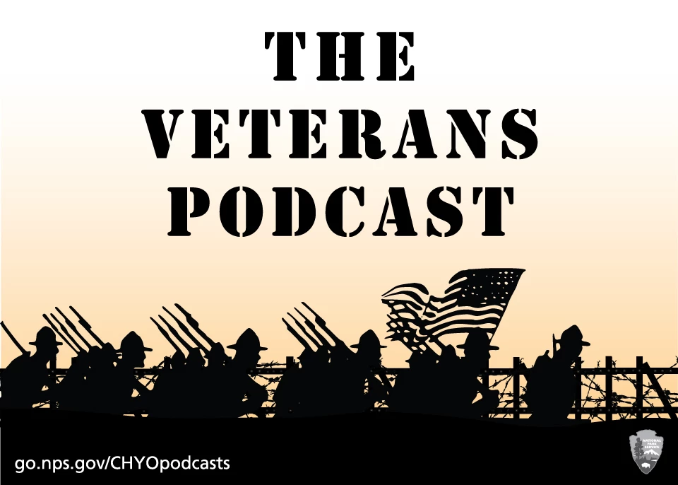 VetsPodcast Silhouettes of army soldiers with rifles marching in front of a barbed-wire fence