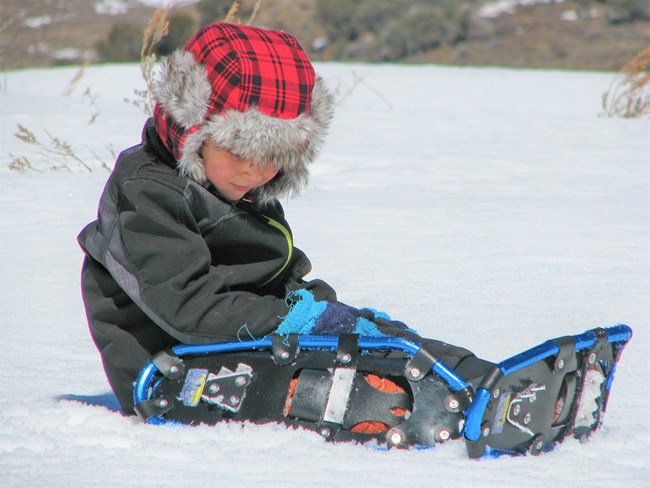Kid sitting in the snow wearing snowshoes