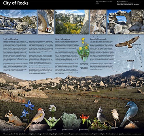 Preview of the unigrid brochure, several images of the park line the top, a scenic overview with granite spires jutting up all around the landscape makes up the center, and plant and animal images line the bottom.