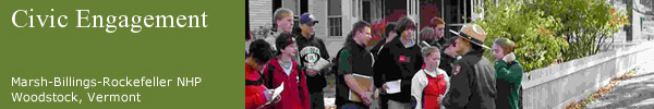 Park Ranger leading a tour of students in the village of Woodstock, Vermont