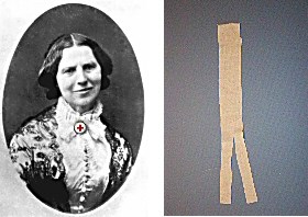 Clara Barton wearing a Red Cross pin at her neck and image of a bandage.