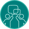 A teal circular icon that shows two people holding up speech bubbles