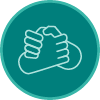 A teal circular icon that shows two hands holding that imply helping someone in trouble