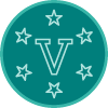 A teal circular icon that shows a letter V surrounded by stars