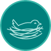A teal circular icon that shows a bird in a nest