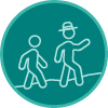 A circular teal icon that shows a ranger hiking and leading a younger person