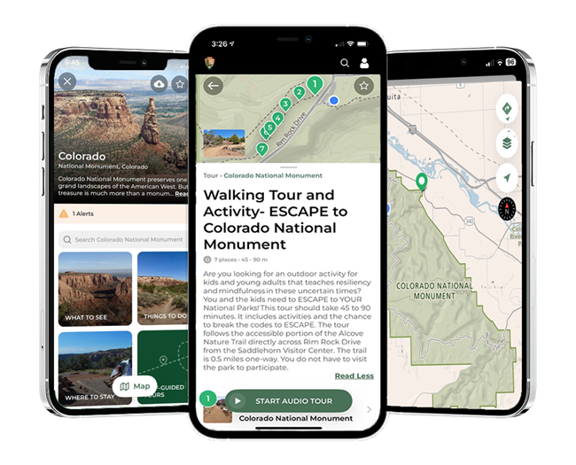Three iPhones demonstrate various images from the NPS App, including a Colorado National Monument map, walking tour guide, and front page element.