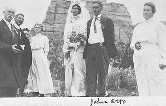 A wedding photo of John Otto, dressed in a suit, and Beatrice Farnham, in her wedding dress.