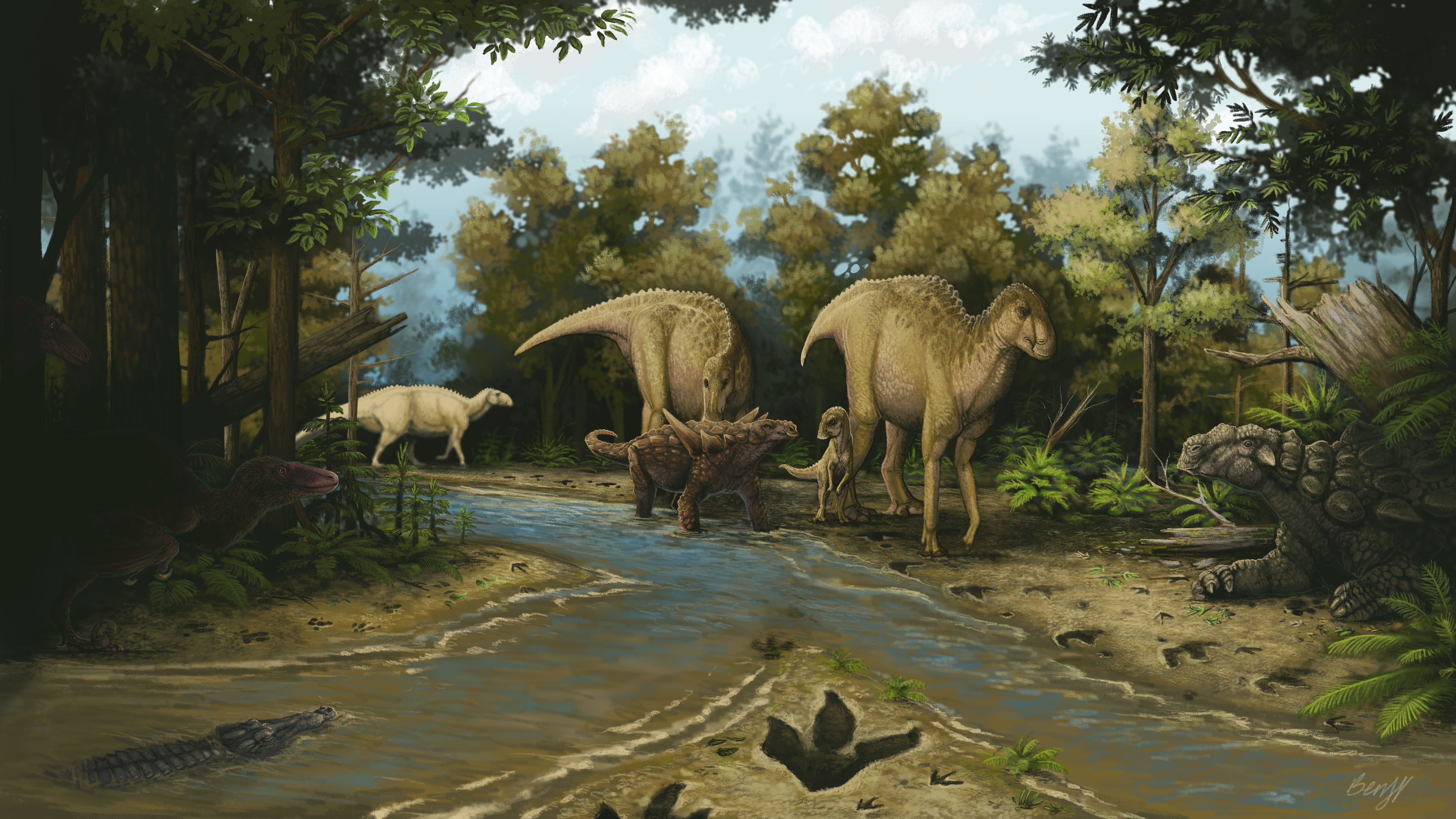 A group of early hadrosauroids, accompanied by a moderate-sized nodosaurid, walk through a coastal forest filled with ferns and early flowering plants (including relatives of modern sycamores and magnolias).