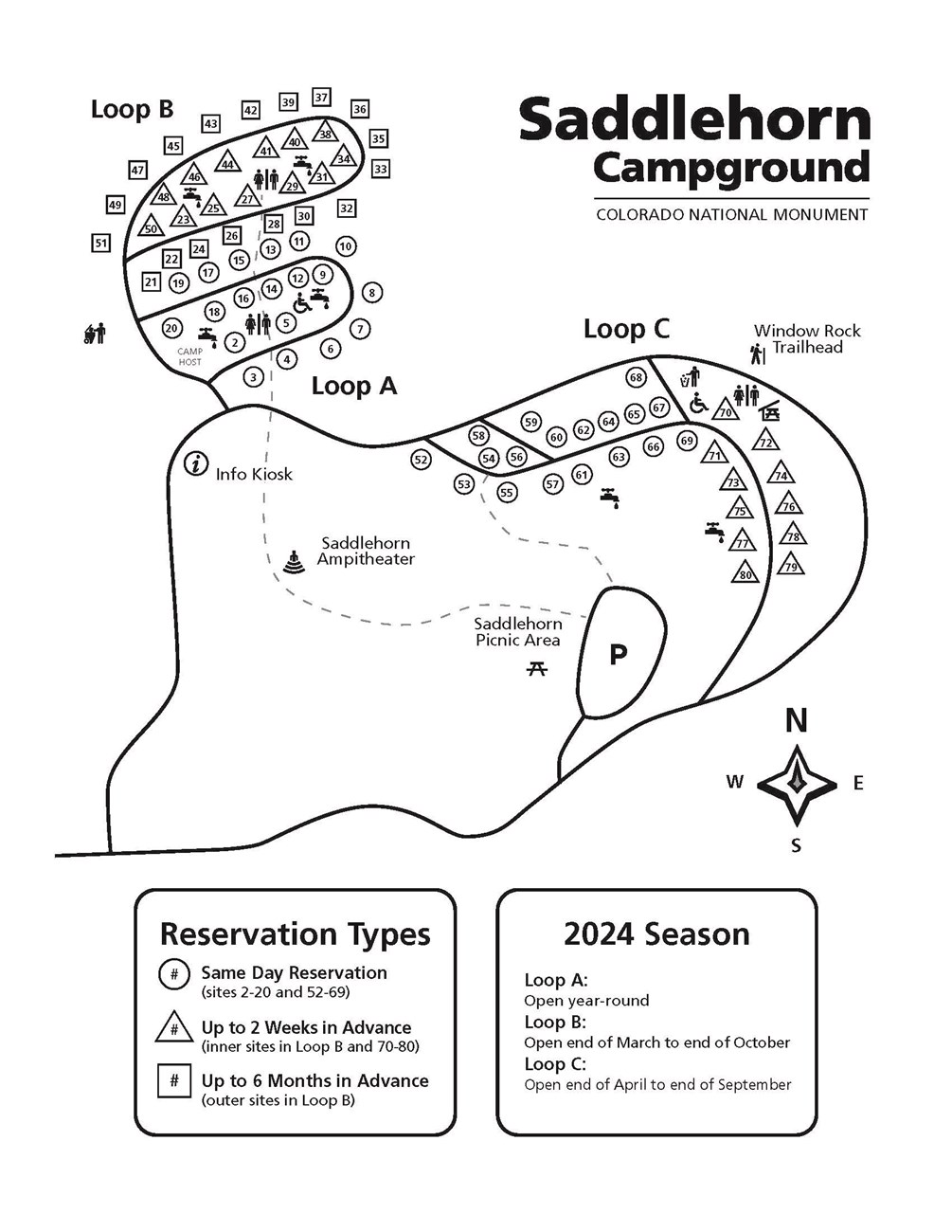 Saddlehorn CampgroundBlack and White 2024 A black and white campground map illustrating the types of reservations available on www.recreation.gov.