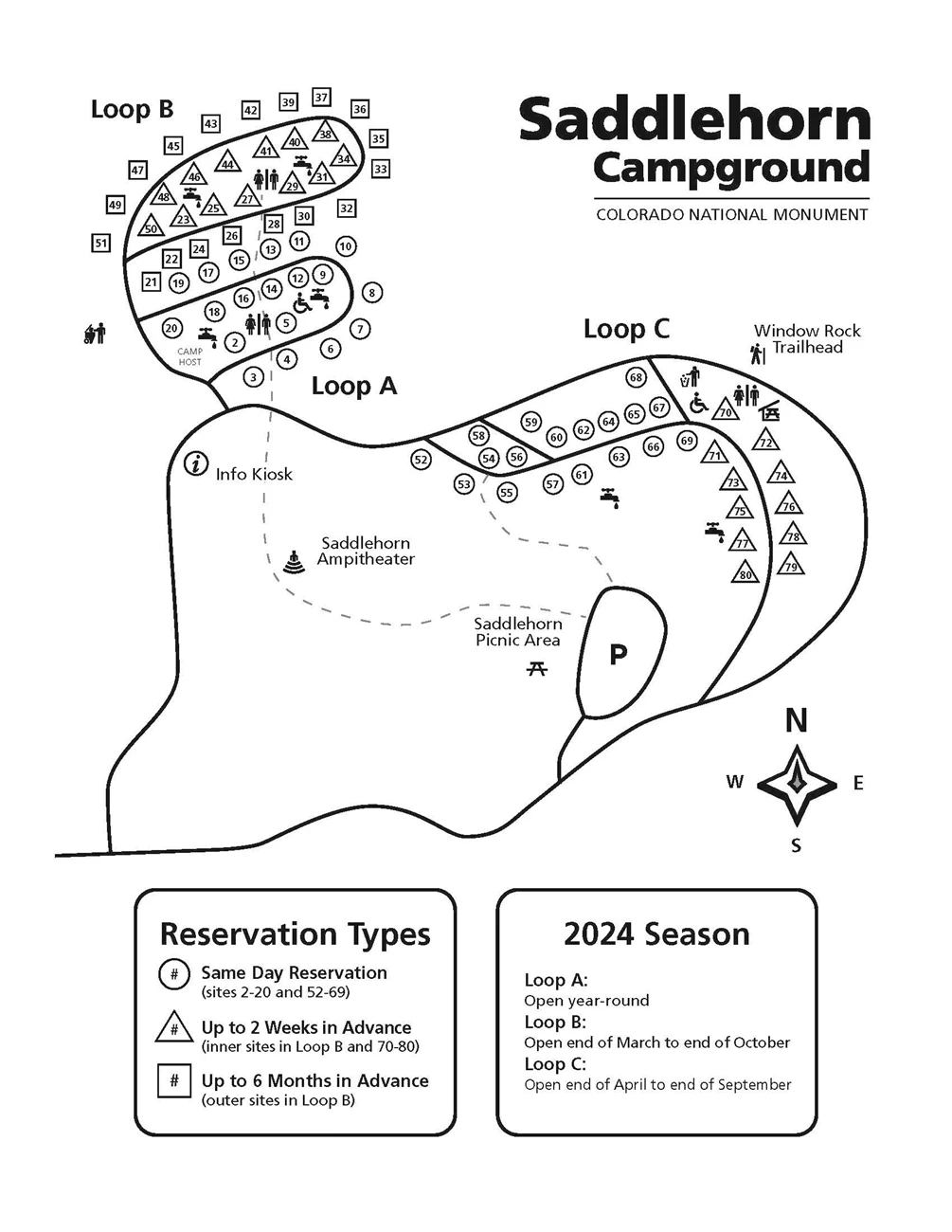 Saddlehorn CampgroundBlack and White 2024 A black and white campground map illustrating the types of reservations available on www.recreation.gov.