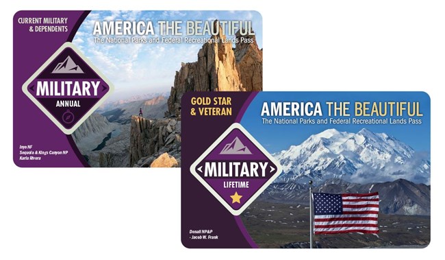 Military Passes with a graphic of a snow capped mountain and an American Flag.