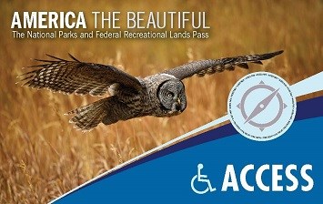 America the Beautiful - National Parks and Federal Recreational Lands Access Pass with photo of Great Gray Owl flying over field of grain, the word "Access" is against a blue background.