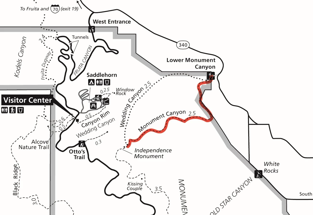 Red highlights closed lower portion of Monument Canyon Trail, extending from NW trailhead towards SW at Independence Monument