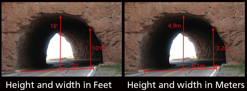 Height and width specifications for tunnels in feet and meters