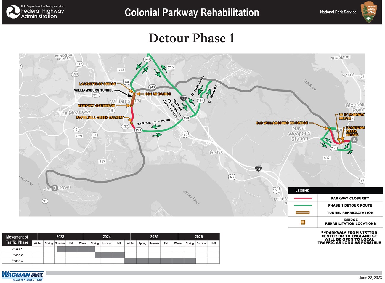 Colonial Parkway Detours and Closures Phase 1 August 2023