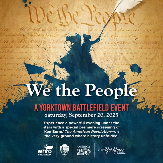 A light brown background with the words We The People. In the foreground are the silhouettes of colonial era soldiers. In the center is a person on a horse with their arm held high, holding a sword.